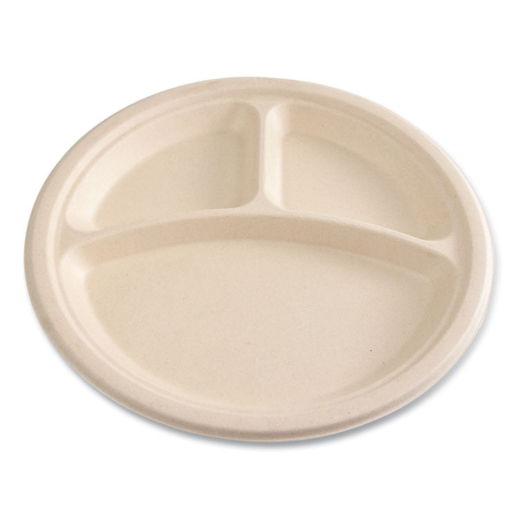Bagasse PFAS-Free Dinnerware, 3-Compartment Plate, Sugarcane, 10" dia, Tan, 500/Carton