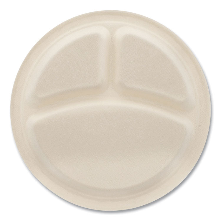 Bagasse PFAS-Free Dinnerware, 3-Compartment Plate, Sugarcane, 10" dia, Tan, 500/Carton