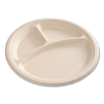Bagasse PFAS-Free Dinnerware, 3-Compartment Plate, Sugarcane, 10" dia, Tan, 500/Carton