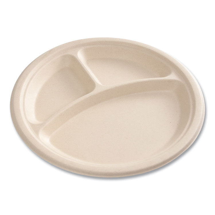 Bagasse PFAS-Free Dinnerware, 3-Compartment Plate, Sugarcane, 10" dia, Tan, 500/Carton