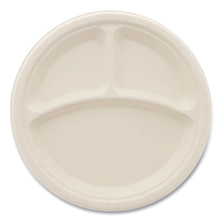 Bagasse PFAS-Free Dinnerware, 3-Compartment Plate, Sugarcane, 10" dia, Tan, 500/Carton