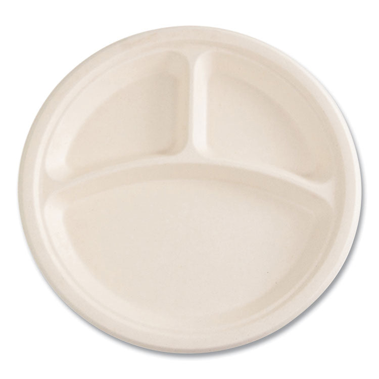 Bagasse PFAS-Free Dinnerware, 3-Compartment Plate, Sugarcane, 10" dia, Tan, 500/Carton