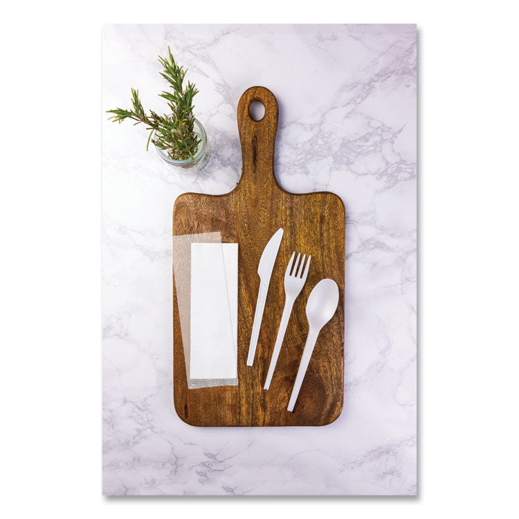 Cutlery Kits, Compostable, General Purpose, Fork/Knife/Napkin/Spoon, Plastic, White, 250/Carton