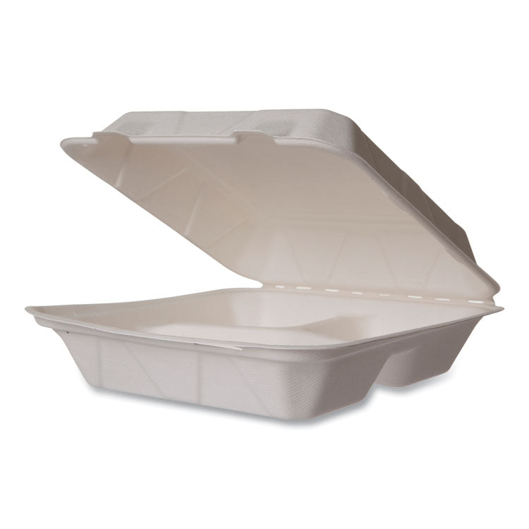 White Molded Fiber Clamshell Containers, Compostable, 3 Compartments, 9 x 18 x 2, White, Sugarcane, 200/Carton