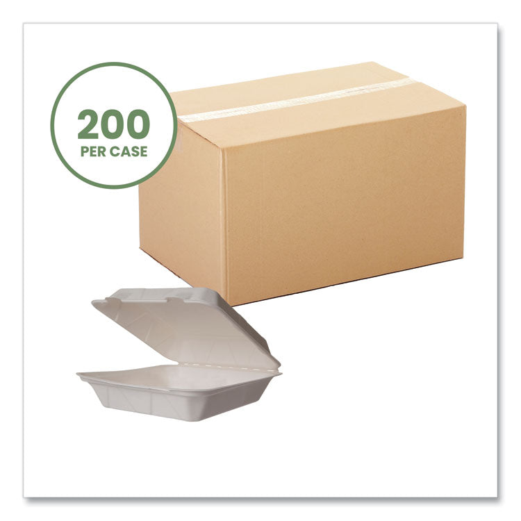 White Molded Fiber Clamshell Containers, Compostable, 9 x 9 x 3, White, Sugarcane, 200/Carton