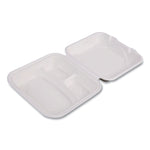 Vanguard Renewable and Compostable Sugarcane Clamshells, 3 Compartments, 9 x 9 x 3, White, 200/Carton