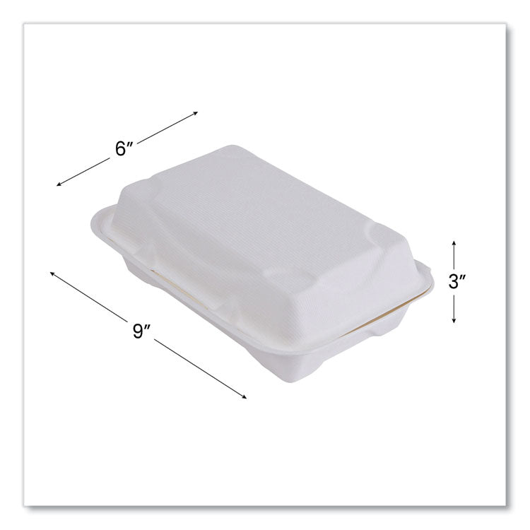Vanguard Renewable and Compostable Sugarcane Clamshells, 9 x 6 x 3, White, 250/Carton