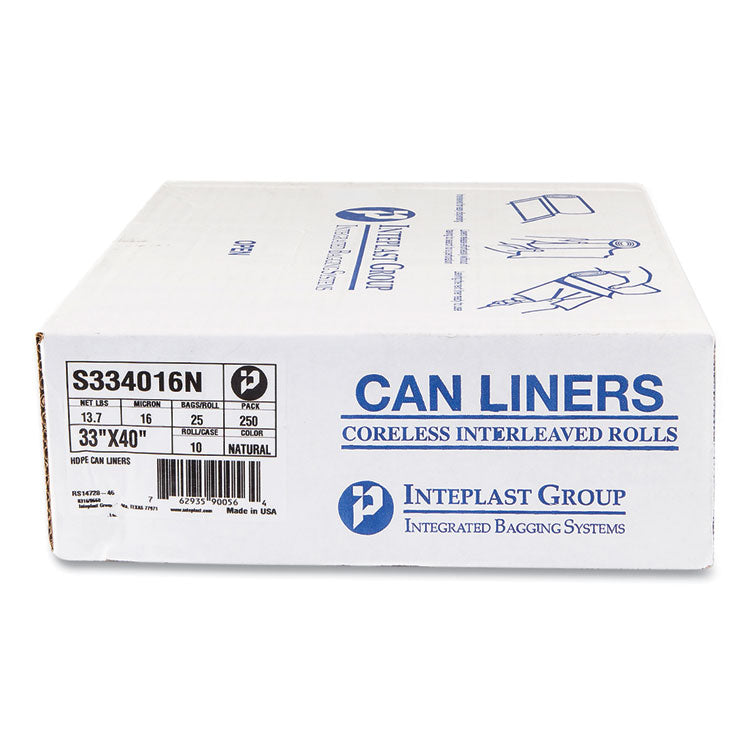 High-Density Commercial Can Liners, 33 gal, 16 mic, 33" x 40", Clear, Interleaved Roll, 25 Bags/Roll, 10 Rolls/Carton