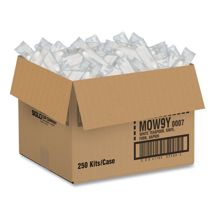 Regal Mediumweight Cutlery Kit, Individually Wrapped, Fork/Knife/Napkin/Spoon, Plastic, White, 250/Carton