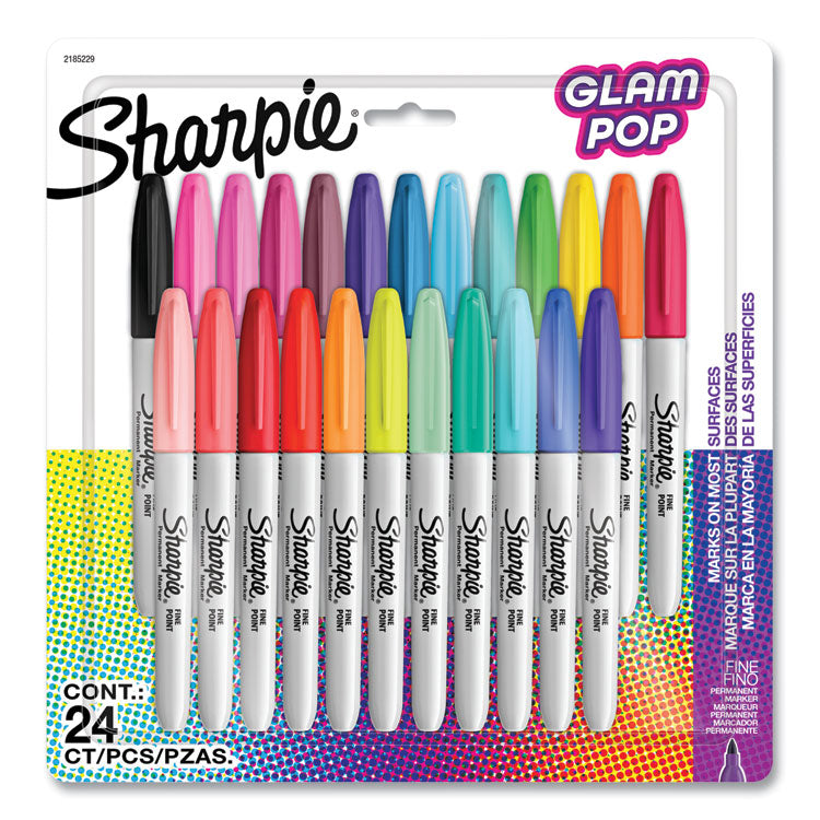 Fine Tip Permanent Marker, Fine Bullet Tip, Assorted 80s Glam Colors, 24/Pack