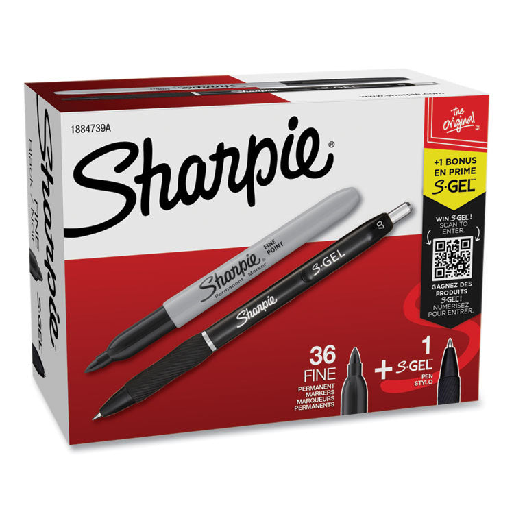 Fine Tip Permanent Marker Value Pack with (1) Bonus S-Gel 0.7 mm Black Ink Pen, Fine Bullet Tip Markers, Black Ink, 36/Pack