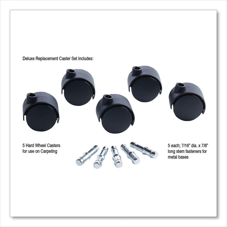 Deluxe Duet Hard-Wheel Casters, 0.44" x 0.88" Grip Ring Type B Stems, 2" Nylon Wheels, Matte Black, 5/Set