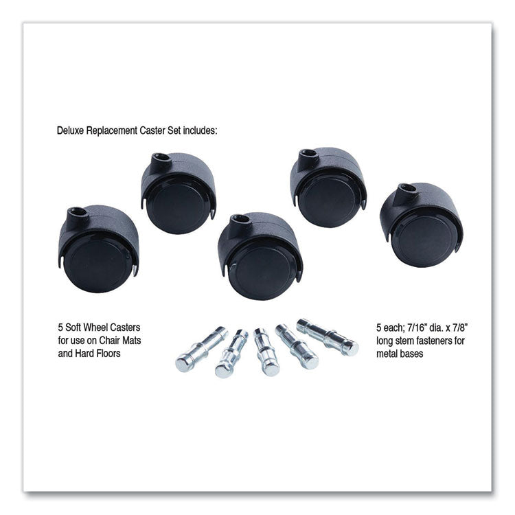 Deluxe Duet Soft-Wheel Casters, 0.44" x 0.88" Grip Ring Type B Stems, 2" Polyurethane Wheels, Matte Black, 5/Set