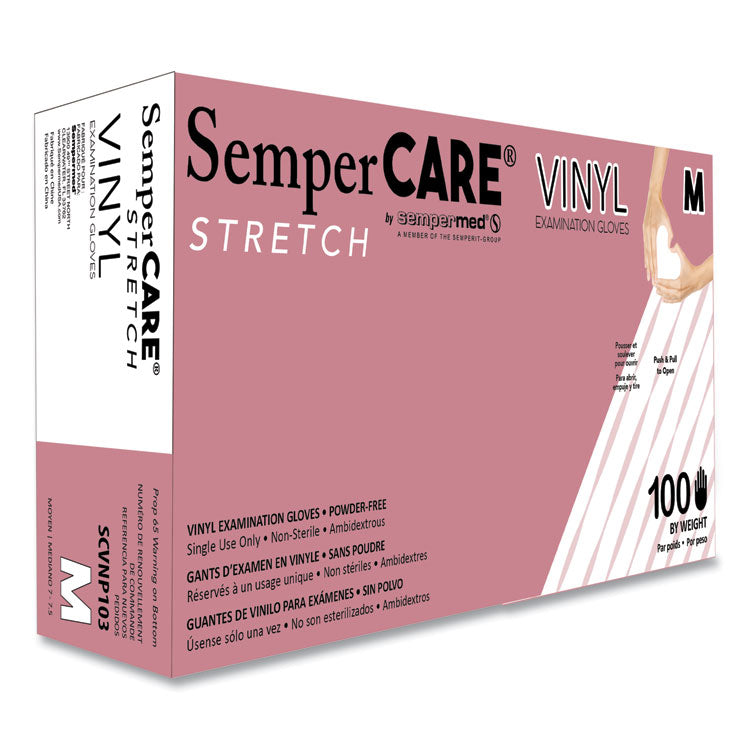 Stretch Vinyl Examination Gloves, Powder-Free, Medium, 5 mil Thick, 9.45" Long, Cream, 100/Box