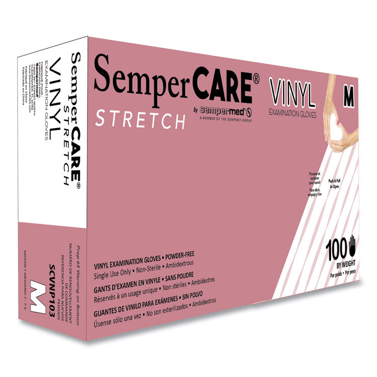 Stretch Vinyl Examination Gloves, Powder-Free, Medium, 5 mil Thick, 9.45" Long, Cream, 100/Box, 10 Boxes/Carton