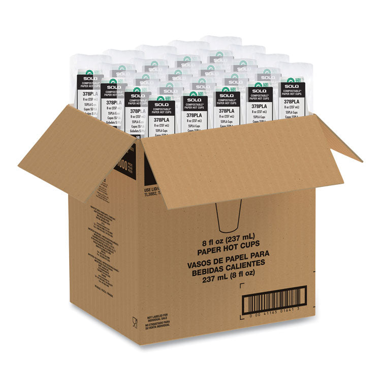 Compostable Paper Hot Cups, 8 oz, White/Green, 1,000/Carton