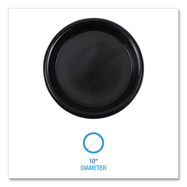 Hi-Impact Plastic Dinnerware, Plate, 10" dia, Black, 125/Sleeve, 4 Sleeves/Carton