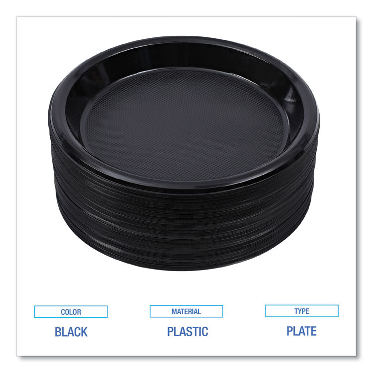 Hi-Impact Plastic Dinnerware, Plate, 10" dia, Black, 125/Sleeve, 4 Sleeves/Carton