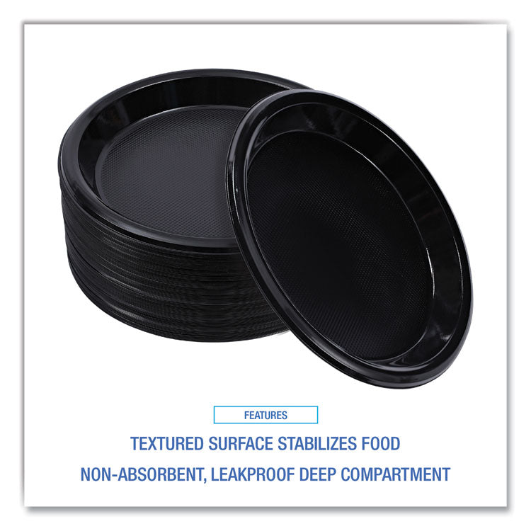 Hi-Impact Plastic Dinnerware, Plate, 10" dia, Black, 125/Sleeve, 4 Sleeves/Carton
