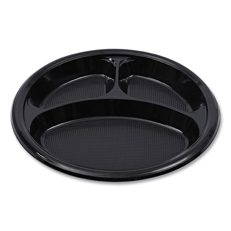 Hi-Impact Plastic Dinnerware, 3-Compartment Plate, 10" dia, Black, 125/Sleeve, 4 Sleeves/Carton