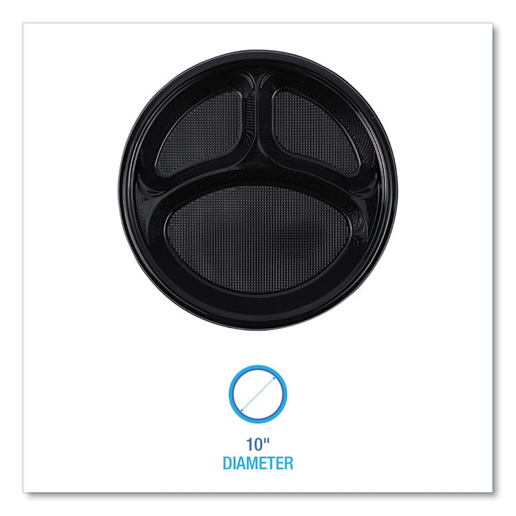 Hi-Impact Plastic Dinnerware, 3-Compartment Plate, 10" dia, Black, 125/Sleeve, 4 Sleeves/Carton