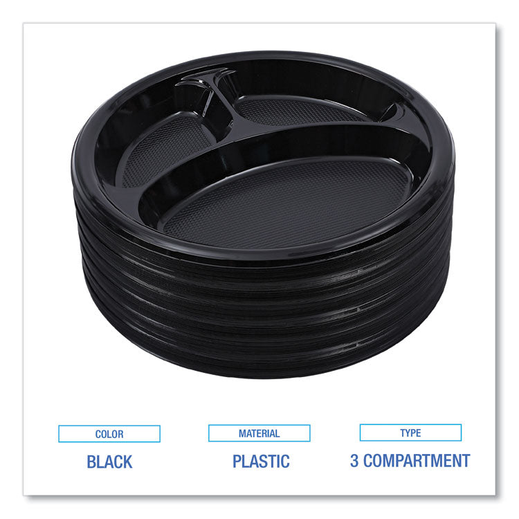 Hi-Impact Plastic Dinnerware, 3-Compartment Plate, 10" dia, Black, 125/Sleeve, 4 Sleeves/Carton