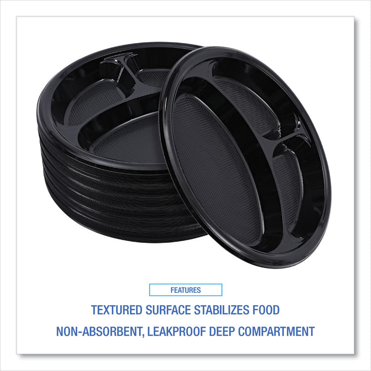 Hi-Impact Plastic Dinnerware, 3-Compartment Plate, 10" dia, Black, 125/Sleeve, 4 Sleeves/Carton