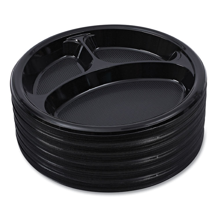 Hi-Impact Plastic Dinnerware, 3-Compartment Plate, 10" dia, Black, 125/Sleeve, 4 Sleeves/Carton