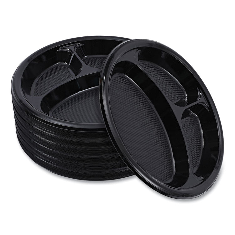 Hi-Impact Plastic Dinnerware, 3-Compartment Plate, 10" dia, Black, 125/Sleeve, 4 Sleeves/Carton
