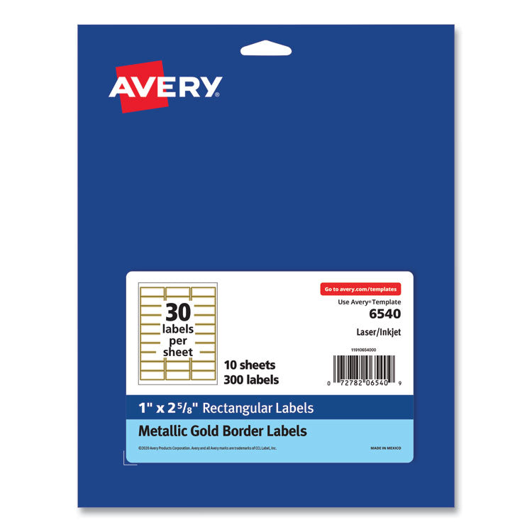 White Easy Peel Mailing Labels with Metallic Border, Inkjet/Laser Printers, 1 x 2.63, White, 30/Sheet, 10 Sheets/Pack