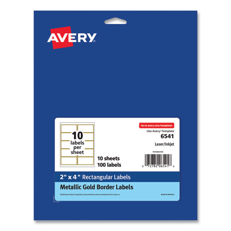 White Easy Peel Mailing Labels with Metallic Border, Inkjet/Laser Printers, 2 x 4, White, 10/Sheet, 10 Sheets/Pack