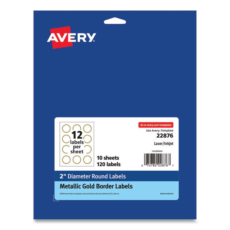 Round Labels, 2" dia, White with Gold Border, 12/Sheet, 10 Sheets/Pack