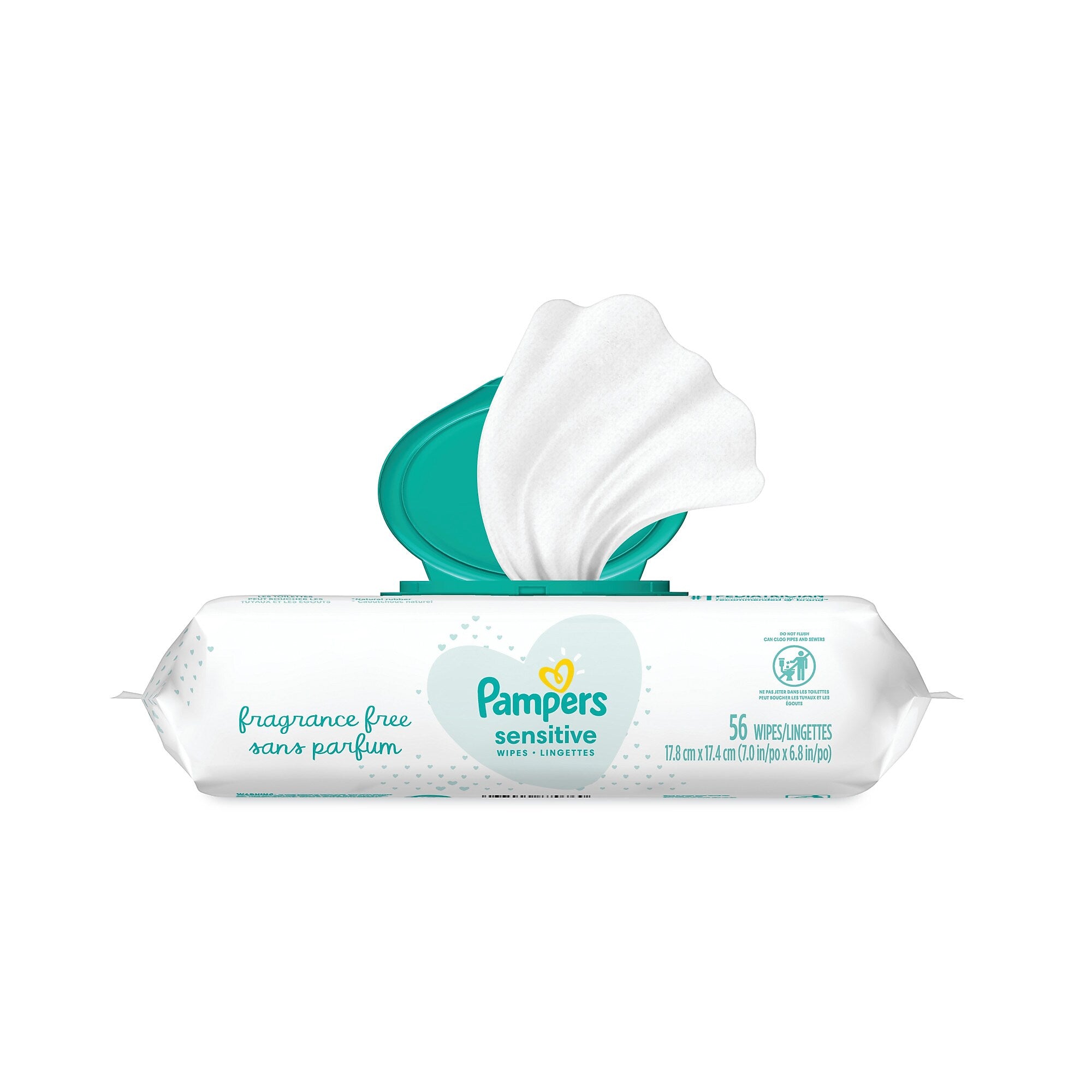 Pampers Sensitive Baby Wipes, 1-Ply, 6.8 x 7, Unscented, White, 56/Pack, 8 Packs/Carton (PGC87076)