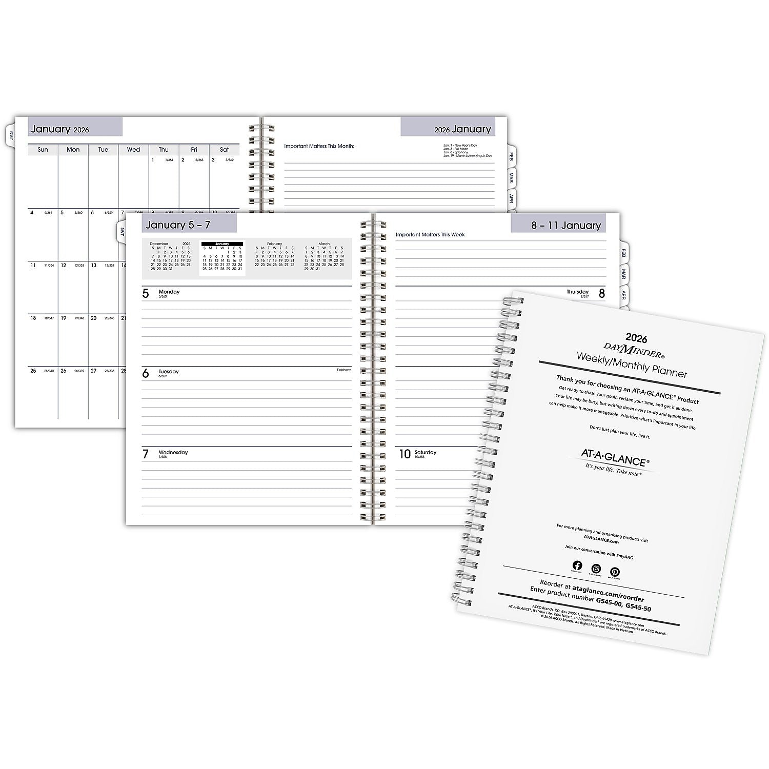 2026 AT-A-GLANCE DayMinder Executive 8.75" x 7" Weekly & Monthly Planner Refill Pages, White (G545-50-26)