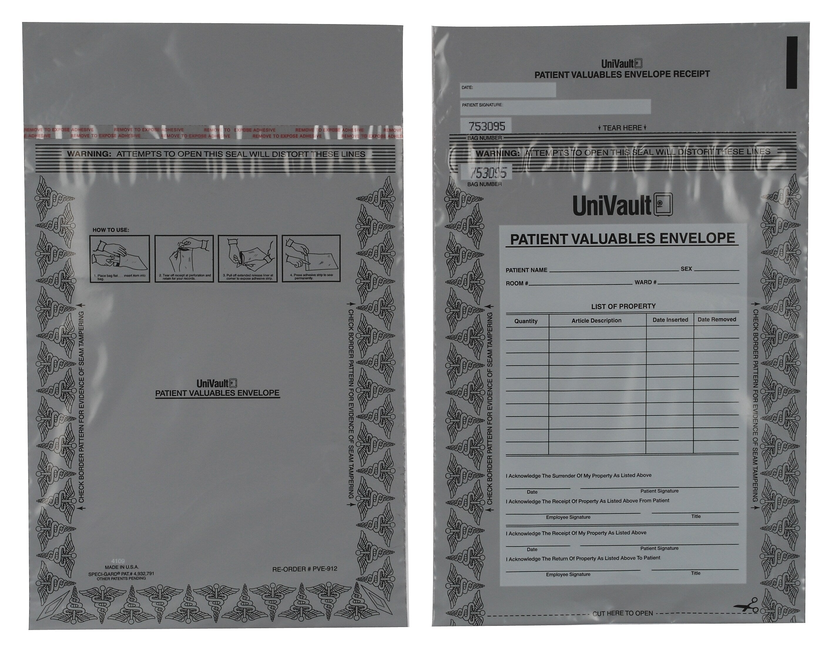Secure Pouch for Valuables 9" x 12" Permanent Security Closure, Qty 1000/ct