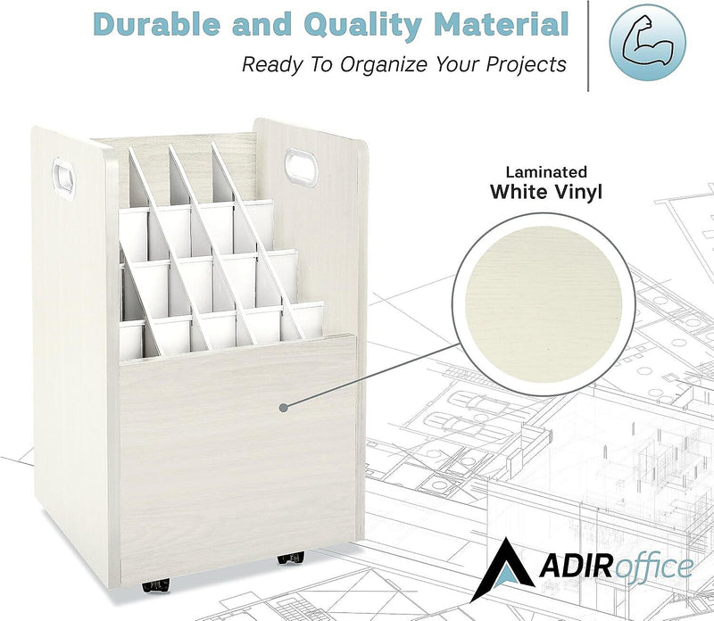 AdirOffice 20-Slot Mobile Roll File, 24.75"H x 15.25"W x 13.25"D, White (624-WHI-KIT1)