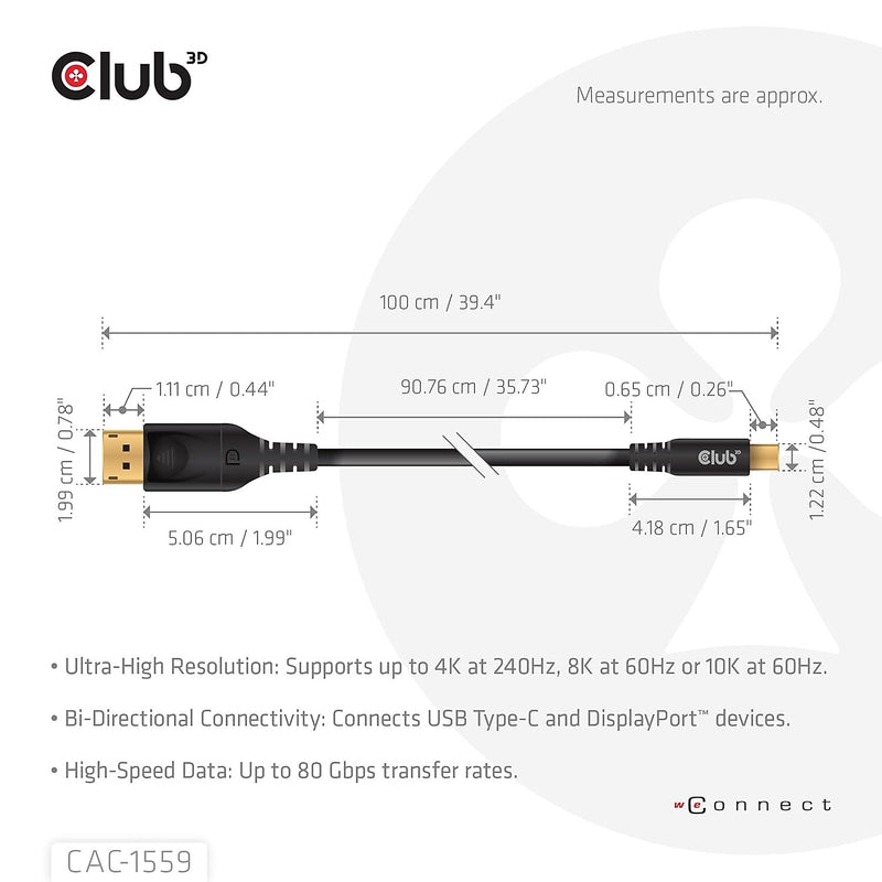 Club 3D 3.28' USB C to DisplayPort Audio/Video Cable, Male to Male, Black (CAC-1559)
