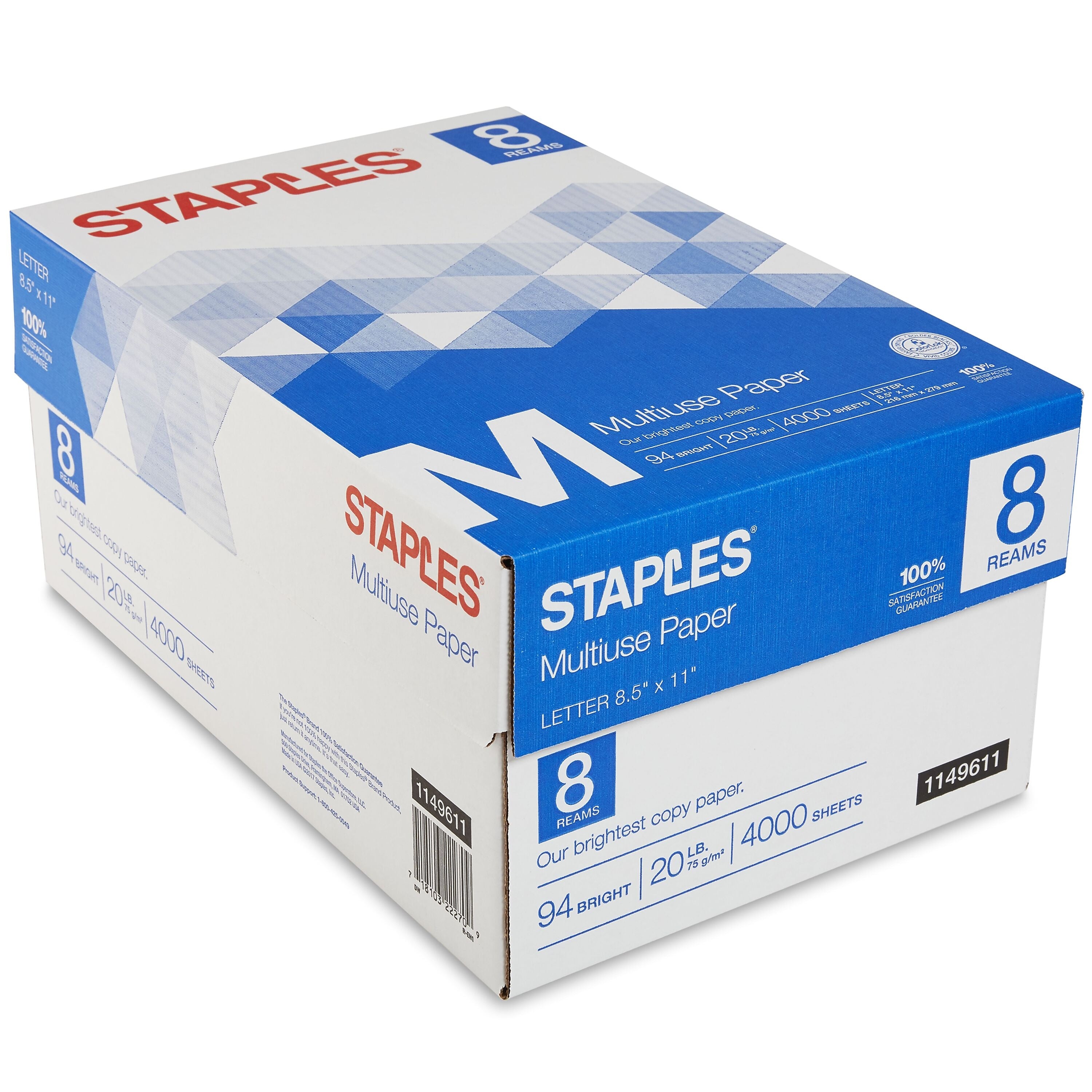 Staples Multiuse Copy Paper, 8.5" x 11", 20 lbs., 94 Brightness, 500 Sheets/Ream, 8 Reams/Carton (26860-CC)