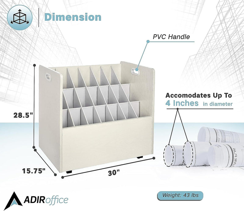 AdirOffice 21-Slot Mobile Roll File, 28.5"H x 30"W x 15.75"D, White (625-WHI-KIT1)