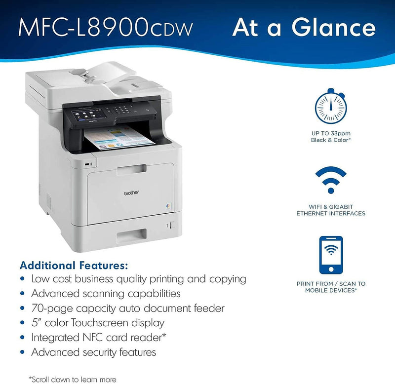 Brother MFC-L8900CDW Wireless Color Laser Printer, All-In-One, Print, Scan, Copy, Fax
