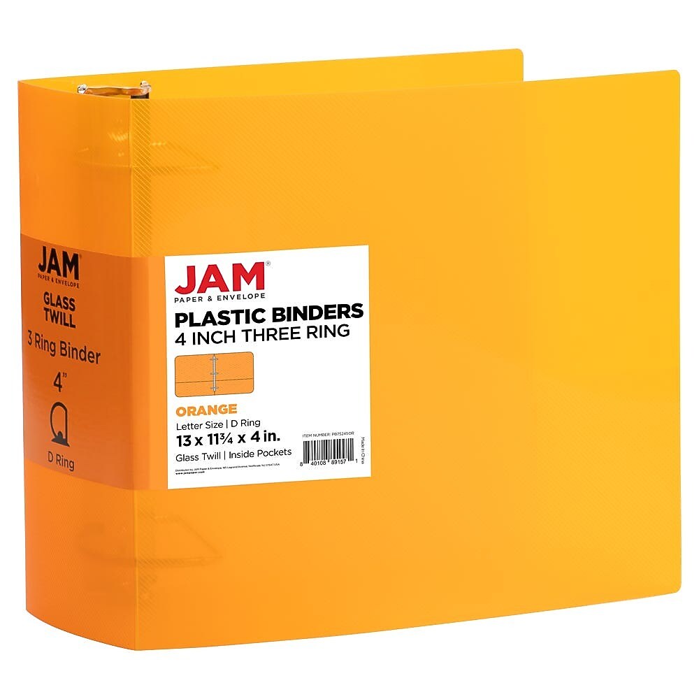 JAM Paper 4" 3-Ring Flexible Poly Binder, Orange (PB75245OR)