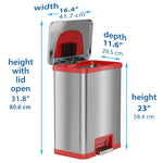 halo TapCan Stainless Steel Rectangular Pedal Sensor Trash Can with AbsorbX Odor Control System, Red Trim, 13 Gal. (TC13SR)