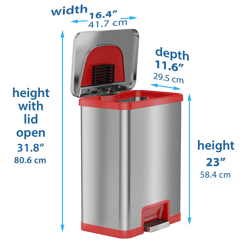 halo TapCan Stainless Steel Rectangular Pedal Sensor Trash Can with AbsorbX Odor Control System, Red Trim, 13 Gal. (TC13SR)