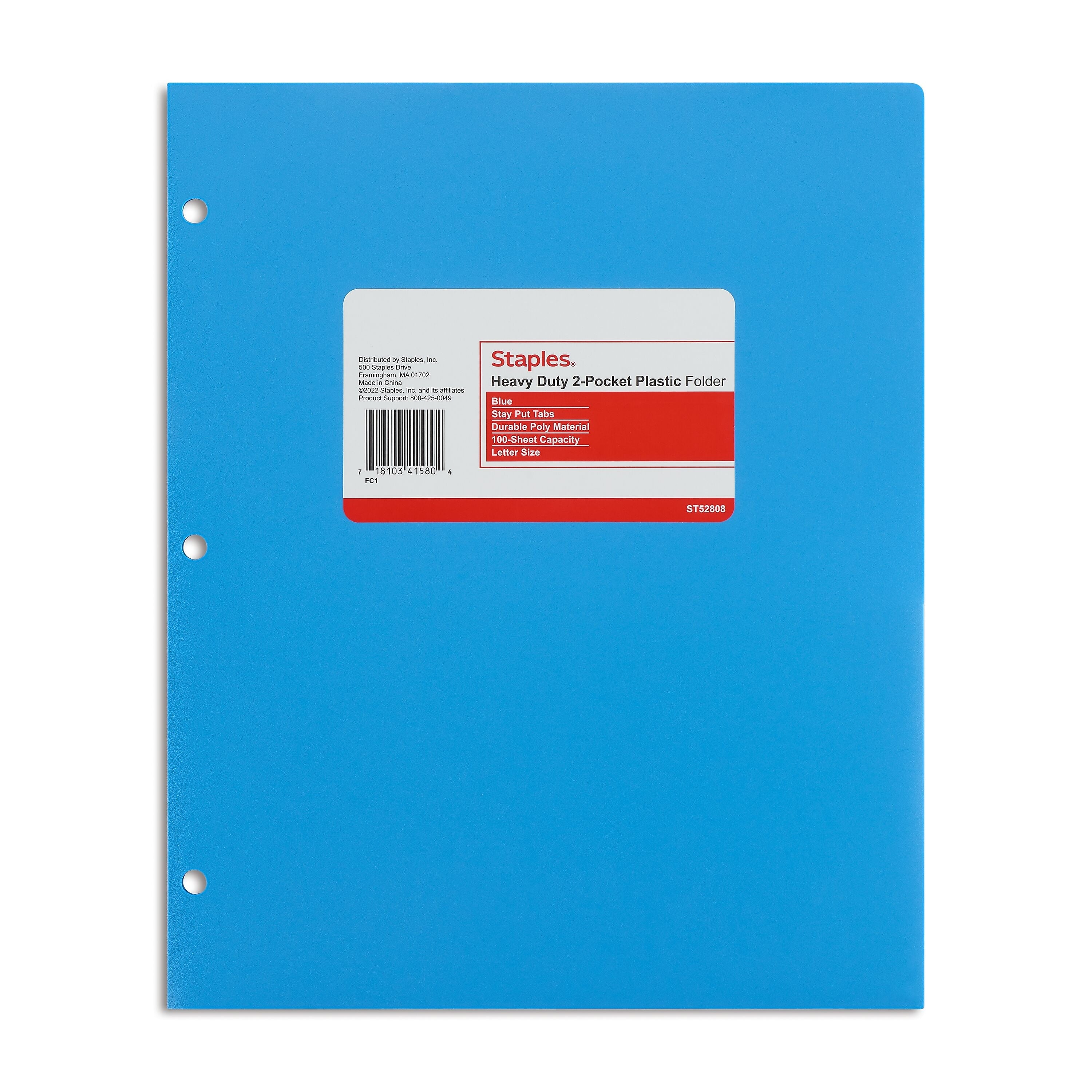 Staples 3-Hole Punched 2-Pocket Plastic Portfolio Folder, Blue (ST52808-CC)