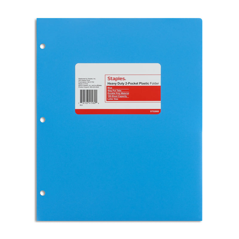 Staples 3-Hole Punched 2-Pocket Plastic Portfolio Folder, Blue (ST52808-CC)