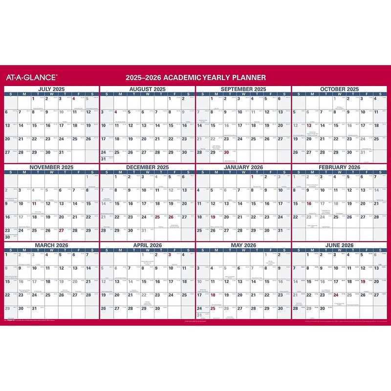 2025-2026 AT-A-GLANCE 48" x 32" Academic Yearly Wet-Erase Wall Calendar, Reversible, White/Red (PM36AP-28-26)