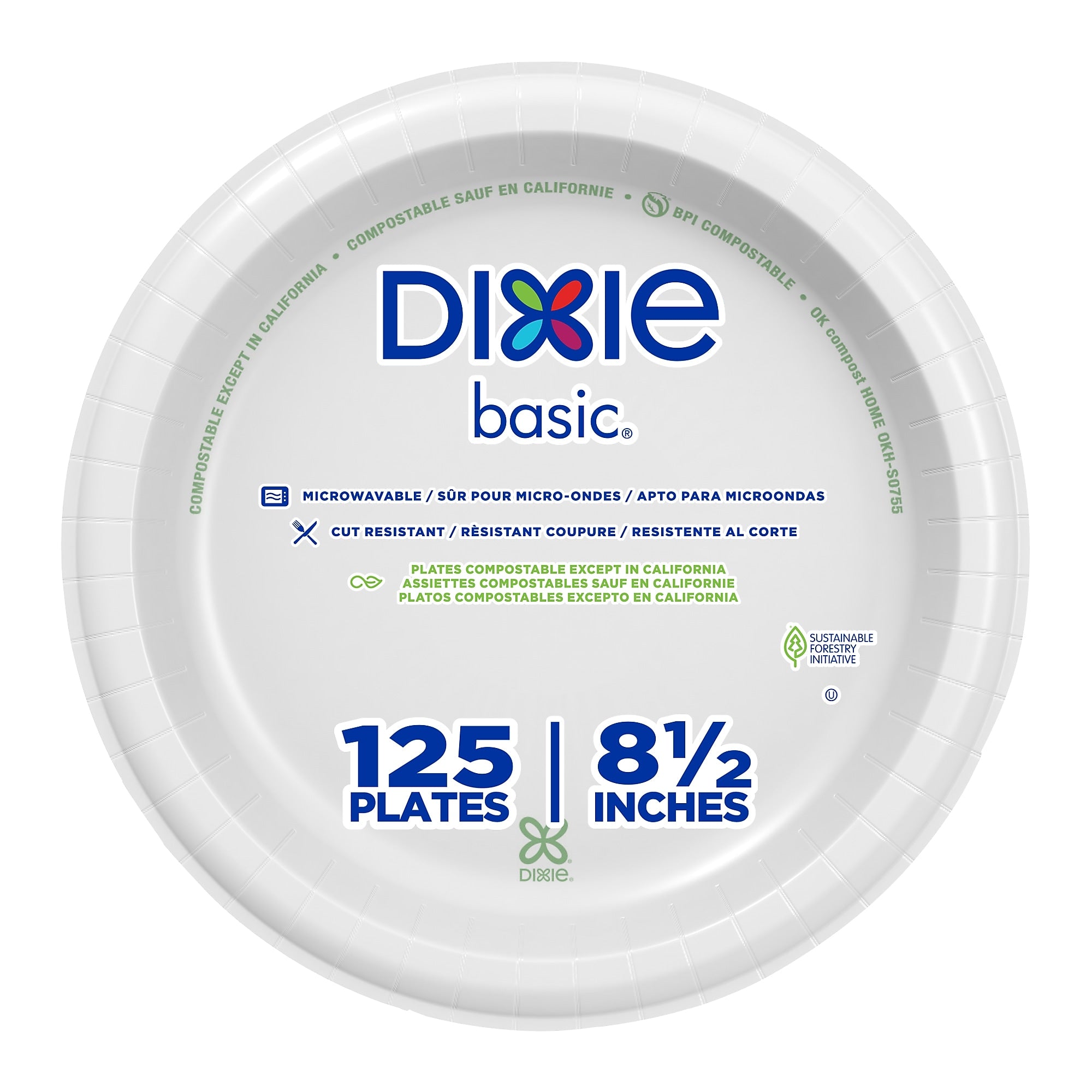 Dixie Basic 8.5" Paper Plates, White, 125 Plates/Pack (DIX-DBP09W)