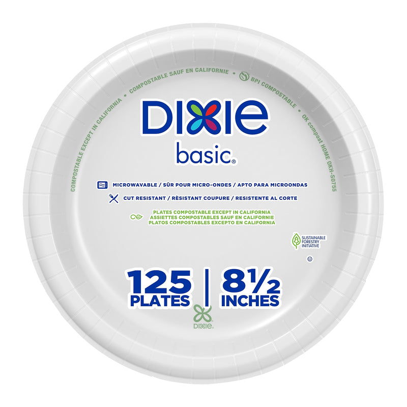 Dixie Basic 8.5" Paper Plates, White, 125 Plates/Pack (DIX-DBP09W)