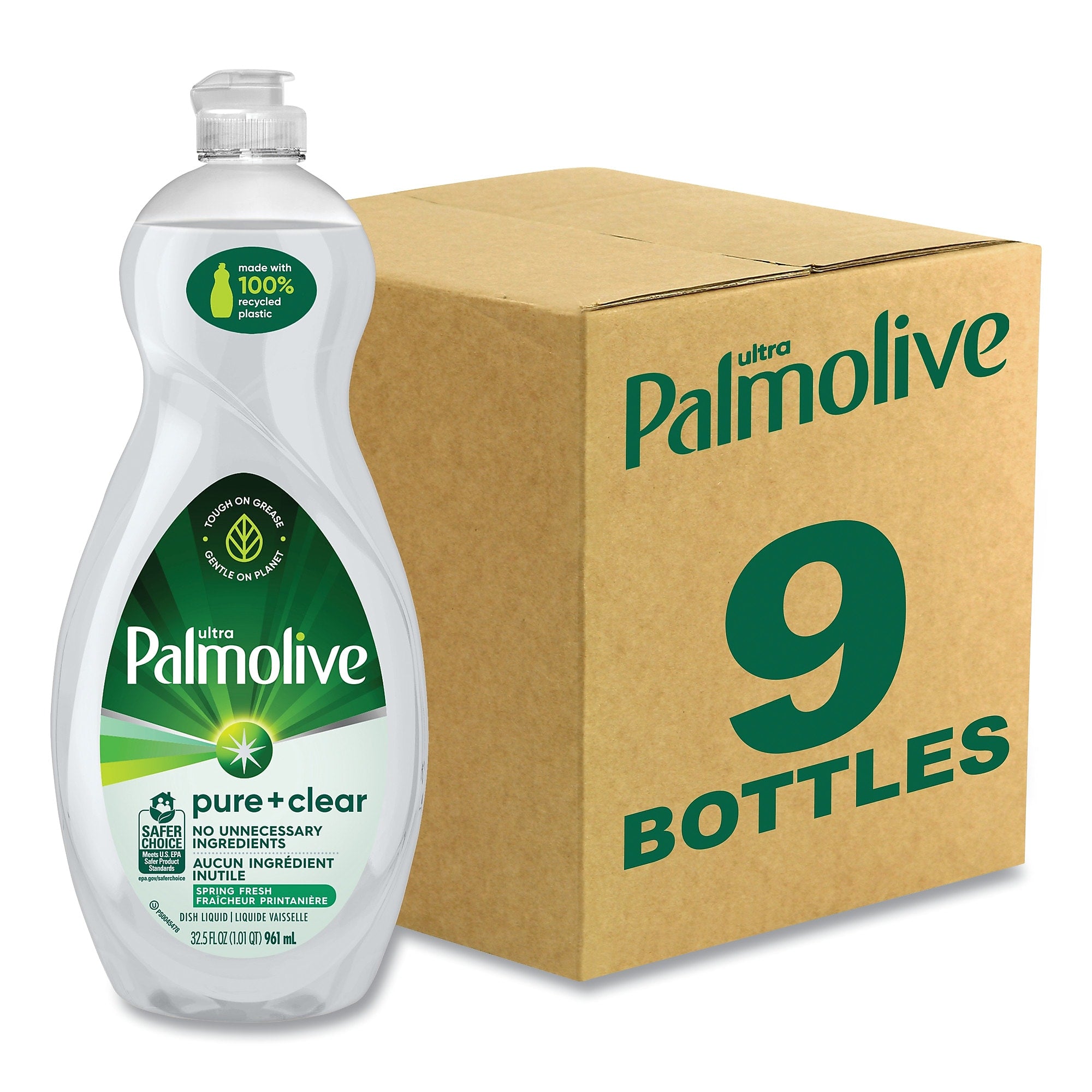 Palmolive Pure + Clear Dishwashing Liquid, Unscented, 32.5 oz Bottle, 9/Carton