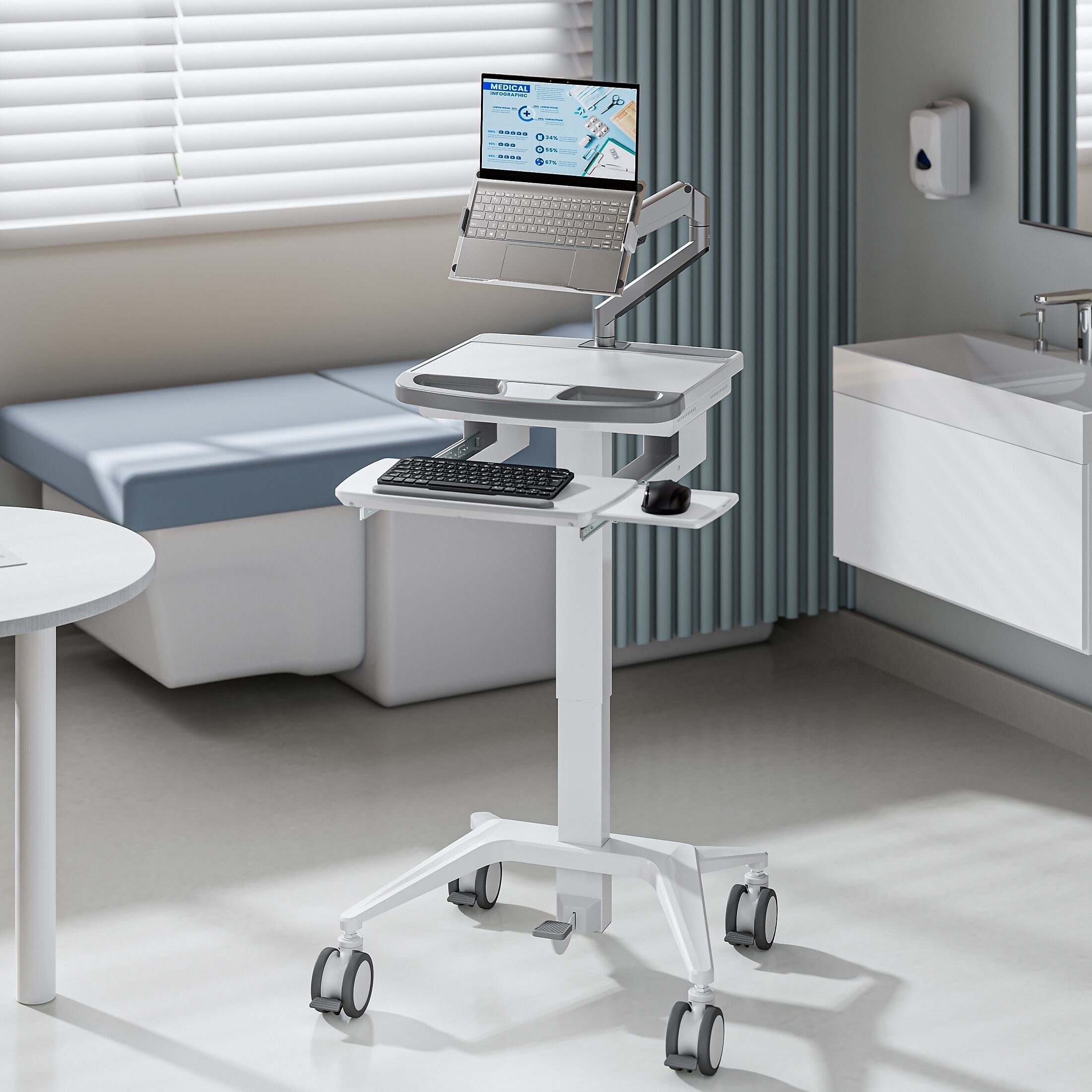 Mount-It! MedHub Mobile Medical Cart Workstation with Spring Arm Laptop Mount and Locking Caster Wheels, White/Grey (MI-16017)